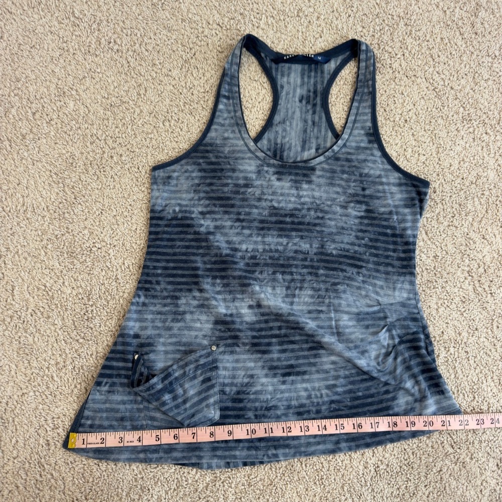 Karen Millen Blue Tie Dye Striped Racerback Tank Top Asymmetrical Hem Size 14 - Picture 9 of 9